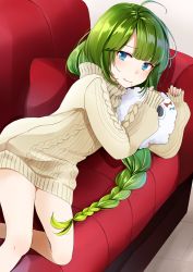 Rule 34 | 10s, 1girl, ahoge, aran sweater, blue bow, blue eyes, bow, braid, cable knit, couch, dress, green hair, kantai collection, long hair, lying, miss cloud, mole, mole under mouth, on couch, on side, red bow, single braid, sleeves past wrists, solo, sweater, sweater dress, turtleneck, very long hair, yuna (yukiyuna), yuugumo (kancolle)