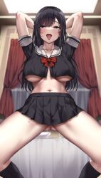 Rule 34 | 1girl, arms behind head, black eyes, black hair, black shirt, black skirt, black socks, blurry, blurry background, bowlegged pose, breasts, ceiling light, commentary request, cropped shirt, curtains, from below, gluteal fold, half-closed eyes, highres, indoors, jack dempa, kneehighs, large breasts, long hair, looking at viewer, looking down, midriff, miniskirt, miyamae shiho (jack dempa), mole, mole on thigh, mole under eye, navel, open mouth, original, pleated skirt, pussy juice, sailor collar, school uniform, shirt, short sleeves, skirt, socks, solo, spread legs, squatting, standing, sweat, tongue, tongue out, underboob, white sailor collar