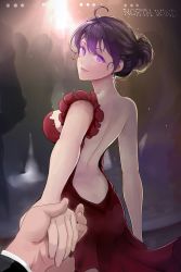 Rule 34 | 1boy, 1girl, ahoge, arched back, arm at side, asymmetrical clothes, back, backless dress, backless outfit, backlighting, bare back, bare shoulders, beifeng han, blush, breasts, crowd, dress, earrings, evening gown, foreshortening, glowing, glowing eyes, hair bun, hetero, highres, holding hands, jewelry, lips, long sleeves, looking at viewer, medium breasts, miyaura sanshio, original, parted lips, pov, purple eyes, purple hair, red dress, short hair, sideboob, single hair bun, single strap, solo focus, standing