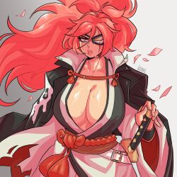 Rule 34 | 1girl, absurdres, artist name, baiken, breasts, cleavage, eyepatch, falling petals, guilty gear, guilty gear strive, highres, holding, holding sword, holding weapon, huge breasts, japanese clothes, log dog, long hair, looking at viewer, petals, pink eyes, pink hair, scar, scar across eye, solo, sword, weapon