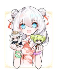 Rule 34 | 3girls, :&gt;, :3, :d, ai-chan (honkai impact), blue eyes, bracelet, chibi, china dress, chinese clothes, chinese new year, closed mouth, company connection, crossover, double bun, dress, error1980, genshin impact, green hair, hair between eyes, hair bun, hair ornament, hairpin, halo, holding, honkai (series), honkai impact 3rd, jewelry, long hair, looking at viewer, mihoyo, multiple girls, open mouth, paimon (genshin impact), scarf, short sleeves, simple background, smile, theresa apocalypse, white background, white hair
