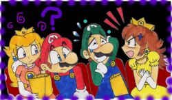 Rule 34 | 2boys, 2girls, ?, annoyed, arm around neck, blonde hair, blue eyes, blush, breasts, brown hair, confused, dress, facial hair, gloves, hands on own chest, large breasts, long hair, luigi, mario, mario (series), multiple boys, multiple girls, mustache, nintendo, overalls, princess, princess daisy, princess peach, short hair, sitting, smile, traditional media