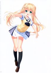 Rule 34 | 1girl, :d, absurdres, black neckwear, black socks, blonde hair, blush, brown footwear, copyright name, floating hair, full body, green eyes, hair between eyes, hair intakes, hair ornament, highres, kneehighs, leaning forward, leaning to the side, loafers, long hair, looking at viewer, miniskirt, nagayama yuunon, open mouth, outstretched arms, outstretched hand, page number, pleated skirt, ribbon, school uniform, shiny clothes, shiny legwear, shirt, shoes, short sleeves, simple background, skirt, smile, socks, solo, standing, summer pockets, sweater, sweater vest, tsumugi wenders, very long hair, white background, white ribbon, white shirt, x hair ornament, yellow sweater