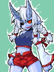 Rule 34 | 1girl, adapted uniform, blue oni, blue skin, colored skin, demon girl, detached sleeves, horns, japanese clothes, lowres, miko, nontraditional miko, oekaki, oni, solo, white hair