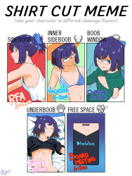 Rule 34 | 1girl, a-chan (hololive), absurdres, artist name, bikini, blue bikini, blue eyes, bow, breasts, cleavage cutout, clothes lift, clothing cutout, cutting board, english text, unworn eyewear, glasses, hair bow, highres, hololive, lying, meme, meme attire, multiple drawing challenge, navel, on back, open-chest sweater, pillow, purple hair, shirt cut meme, shirt cut meme, shirt lift, short ponytail, signature, sleeping, small breasts, sweater, swimsuit, tank top, turtleneck, virtual youtuber, zero (muftisaili)