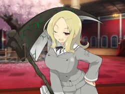 1girl :d blonde_hair blush breasts bridge buttons cherry_blossoms cherry_tree cowboy_shot double-breasted fence frilled_skirt frills gessen_academy_uniform hair_ornament hairclip hand_on_own_hip holding holding_scythe large_breasts long_hair looking_at_viewer mole mole_under_mouth official_art one_eye_closed open_mouth parted_bangs red_carpet red_eyes rock school_emblem school_uniform scythe senran_kagura senran_kagura_new_link senran_kagura_shinovi_versus shiki_(senran_kagura) skirt smile solo stone_lantern tree window yaegashi_nan