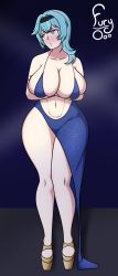 Rule 34 | absurdres, blue dress, blue hair, breasts, dark background, dress, eula (genshin impact), full body, fury o, genshin impact, high heels, highres, huge breasts, tagme, thick thighs, thighs