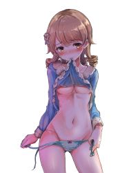 Rule 34 | 1girl, absurdres, aqua panties, arm at side, blush, bow, bow panties, breasts, brown eyes, brown hair, closed mouth, clothes in mouth, clothes lift, cowboy shot, drill hair, embarrassed, frown, gluteal fold, groin, hair ornament, head tilt, highres, idolmaster, idolmaster cinderella girls, legs apart, lifted by self, long sleeves, looking at viewer, medium breasts, morikubo nono, mouth hold, navel, panties, pink bow, raised eyebrows, sak (lemondisk), shirt in mouth, shirt lift, side-tie panties, simple background, solo, standing, stomach, stuffed toy, sweat, swept bangs, thighs, underboob, underwear, untying, white background