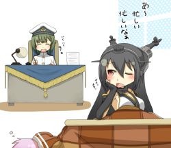 Rule 34 | 10s, b-man, bare shoulders, black hair, comic, desk, elbow gloves, female admiral (kancolle), gloves, hairband, headgear, kantai collection, kotatsu, lamp, long hair, multiple girls, nagato (kancolle), pen, personification, red eyes, table, tama (kancolle), translation request, under kotatsu, under table