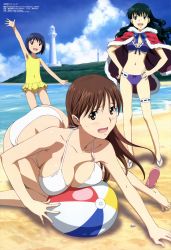 Rule 34 | 3girls, :d, absurdres, all fours, armpits, ball, barefoot, beach, beachball, bikini, black hair, blue hair, blush, breast press, breasts, brown eyes, brown hair, cape, casual one-piece swimsuit, cleavage, cloud, day, feet, hands on own hips, happy, highres, hyuuga mahiru, kamisama dolls, kuga utao, large breasts, bridal garter, lighthouse, long hair, looking at viewer, megami magazine, morita kazuaki, multiple girls, non-web source, ocean, official art, one-piece swimsuit, open mouth, outdoors, sand, sandals, shiba hibino, short hair, sky, smile, spread toes, standing, sweatdrop, swimsuit, thigh gap, toes, very long hair, water, waving