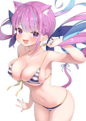 Rule 34 | 1girl, :d, absurdres, ahoge, animal ear fluff, animal ears, arm up, armpits, bare arms, bare shoulders, bikini, blue hair, blue nails, blush, braid, breasts, cat ears, cat girl, cat tail, cleavage, collarbone, cowboy shot, highres, hololive, large breasts, leaning forward, long hair, looking at viewer, low twintails, micro bikini, minato aqua, minato aqua (hololive summer 2019), multicolored hair, nail polish, navel, open mouth, purple eyes, purple hair, rafumu (pigmoore369), skindentation, smile, solo, stomach, striped bikini, striped clothes, swimsuit, tail, twintails, two-tone hair, virtual youtuber