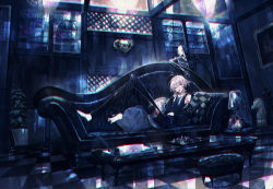 Rule 34 | 1boy, ahoge, androgynous, barefoot, black theme, blonde hair, board game, checkered floor, chess, chess piece, chessboard, couch, full body, lying, male focus, mura karuki, nail polish, on couch, open mouth, original, plant, red eyes, short hair, skeleton, solo, table