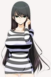 Rule 34 | 1girl, black hair, breasts, collarbone, durarara!!, expressionless, female focus, green eyes, grey background, hair between eyes, tucking hair, hip focus, impossible clothes, impossible shirt, large breasts, long hair, long image, long sleeves, looking at viewer, md5 mismatch, prison clothes, resized, shiny clothes, shiny skin, shirt, shuz (dodidu), simple background, solo, standing, striped clothes, striped shirt, tall image, thigh gap, third-party edit, very long hair, wide hips, yagiri namie