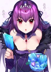 Rule 34 | 1girl, bare shoulders, blush, bowl, breasts, cleavage, detached collar, dress, fate/grand order, fate (series), flower, food, fur trim, gendo0032, hair between eyes, hair ribbon, ice, ice cube, jewelry, large breasts, long hair, looking at viewer, open mouth, pendant, popsicle, purple dress, purple hair, red eyes, ribbon, scathach (fate), scathach skadi (fate), solo, tiara, wide sleeves