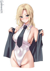 Rule 34 | 1girl, adapted costume, black jacket, black necktie, blonde hair, blue eyes, blush, breasts, collared leotard, commentary request, covered navel, cowboy shot, cropped legs, ebifurya, groin, highleg, highleg leotard, highres, hornet (kancolle), jacket, kantai collection, large breasts, leotard, long hair, necktie, one-hour drawing challenge, open clothes, open jacket, parted lips, sideboob, simple background, solo, twitter username, white background, white leotard