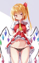 Rule 34 | 1girl, ascot, black panties, blonde hair, blush, breasts, closed mouth, clothes lift, collared shirt, commentary request, cowboy shot, crystal, flandre scarlet, frilled shirt collar, frilled skirt, frilled sleeves, frills, gluteal fold, highres, lifted by self, looking at viewer, medium hair, navel, no headwear, one side up, panties, pointy ears, puffy short sleeves, puffy sleeves, red eyes, red skirt, red vest, sabana, shirt, short sleeves, skirt, skirt lift, skirt set, small breasts, solo, standing, stomach, touhou, underwear, vest, white shirt, wings, yellow ascot