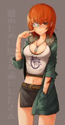 1girl belt breasts cleavage clothes_writing dog_tags earrings eyepatch female_focus grey_eyes hand_in_pocket highres hood hoodie jewelry looking_at_viewer medium_breasts navel ninjunker orange_hair original scar short_hair simple_background solo