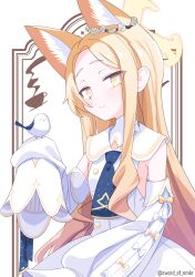 Rule 34 | 1girl, absurdres, animal, animal ears, bird, blonde hair, blue archive, closed mouth, detached sleeves, dress, fox ears, halo, highres, long hair, looking at viewer, murasame (sword of nmkr), seia (blue archive), sleeves past fingers, sleeves past wrists, smile, solo, twitter username, white bird, white dress, yellow eyes, yellow halo