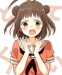 Rule 34 | 10s, 1girl, antenna hair, bad id, bad twitter id, blush, brown eyes, brown hair, chisumi, commentary, double bun, highres, kantai collection, looking at viewer, naka (kancolle), open mouth, school uniform, serafuku, short hair, solo, twitter username