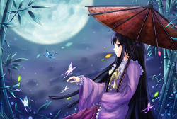 Rule 34 | 1girl, bad id, bad pixiv id, bamboo, bamboo forest, black hair, bow, bug, butterfly, forest, full moon, houraisan kaguya, bug, long hair, long sleeves, moon, nature, night, oil-paper umbrella, purple eyes, sky, solo, touhou, umbrella, very long hair, white crow, wide sleeves
