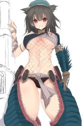 Rule 34 | 10s, 1girl, alternate costume, beret, black hair, black panties, blush, breasts, choker, cowboy shot, crossover, fishnets, gluteal fold, grin, hat, kantai collection, large breasts, looking at viewer, monster hunter (series), nao (qqqbb), nargacuga (armor), navel, panties, pointy hair, red eyes, sash, single gauntlet, smile, solo, takao (kancolle), underboob, underwear