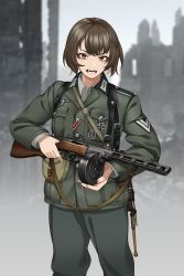 Rule 34 | 1girl, absurdres, brown eyes, brown hair, collared jacket, commentary, east germany, english commentary, germany, gun, gun sling, highres, holding, holding weapon, insignia, jacket, keiita, long sleeves, looking at viewer, military, military jacket, military uniform, open mouth, original, outdoors, pants, patch, photo background, ppsh-41, ruins, short hair, shoulder patch, soldier, solo, submachine gun, teeth, uniform, weapon