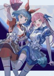 Rule 34 | 2girls, apron, aqua eyes, blue hair, bow, candy, dress, feet out of frame, food, hair bow, hair ribbon, highres, holding, holding food, long hair, moon, multiple girls, omega rei, omega rio, omega sisters, omega symbol, open mouth, pink hair, puffy short sleeves, puffy sleeves, ribbon, see-through, short hair, short sleeves, signature, smile, suwada, thighhighs, twintails, virtual youtuber, yellow eyes