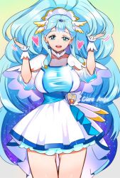 Rule 34 | 10s, 1girl, :d, alternate breast size, blue eyes, blue hair, breasts, character name, cowboy shot, cure ange, dress, earrings, hair ornament, head wings, heart, highres, hugtto! precure, jewelry, large breasts, long hair, looking at viewer, magical girl, open mouth, precure, ruffling hair, rumo, smile, solo, taut clothes, thigh gap, very long hair, white dress, wings, wrist cuffs, yakushiji saaya