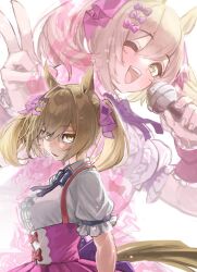 Rule 34 | animal ears, bow, brown hair, dress, dual persona, ear ornament, ear scrunchie, friend a1012, frilled dress, frills, glaring, hair bow, highres, horse ears, horse girl, horse tail, idol, looking at viewer, multiple hair bows, music, one eye closed, pink bow, purple bow, ribbon, singing, smart falcon (umamusume), tail, twintails