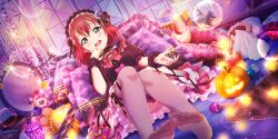 barefoot bed bow feet green_eyes highres kurosawa_ruby love_live! love_live!_sunshine!! nail_polish non-web_source official_art pillow pink_bow pumpkin red_hair smile soles thighhighs toenail_polish toenails toes