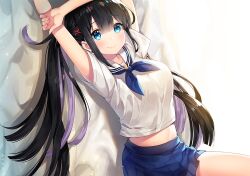 1girl arms_up artist_request bed bed_sheet black_hair blue_eyes breasts hair_ornament highres large_breasts light_blush long_hair multicolored_hair nails purple_hair school_uniform skirt smile source_request two-tone_hair x_hair_ornament