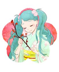 Rule 34 | 1girl, aqua hair, bad id, bad pixiv id, blunt bangs, branch, budouya, cherry blossoms, closed eyes, floral print, flower, hair flower, hair ornament, hatsune miku, holding, japanese clothes, kimono, light smile, long hair, obi, plum blossoms, sash, short bangs, smile, solo, twintails, very long hair, vocaloid, wide sleeves