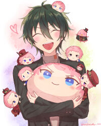 Rule 34 | 1boy, absurdres, blush, buttons, character doll, closed eyes, closed mouth, commentary request, earrings, ensemble stars!, facing viewer, fang, gears, green hair, hair between eyes, hat, heart, highres, holding, holding stuffed toy, itsuki shu, jewelry, kagehira mika, long sleeves, male focus, necklace, omanjuu mascot, open mouth, pink hair, purple eyes, short hair, single earring, solo, stuffed toy, teeth, twitter username, upper body, upper teeth only, valkyrie (ensemble stars!), wednesday 108