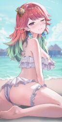 Rule 34 | 1girl, absurdres, alternate costume, ass, bare shoulders, beach, cherre, commission, earrings, feather earrings, feathers, frills, gradient hair, green hair, highres, hololive, hololive english, jewelry, long hair, looking at viewer, multicolored hair, one eye closed, orange hair, purple eyes, smile, solo, takanashi kiara, thigh strap, virtual youtuber