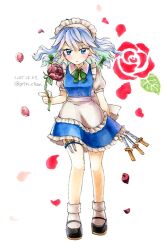 Rule 34 | 1girl, apron, black footwear, blue dress, blue eyes, blue hair, blush, bow, bowtie, braid, closed mouth, collared shirt, commentary request, dated, dress, flower, frilled dress, frills, frown, full body, green bow, green bowtie, hair between eyes, hair bow, holding, holding knife, izayoi sakuya, knife, looking at viewer, maid, maid headdress, mary janes, medium hair, one-hour drawing challenge, pinafore dress, proton, puffy short sleeves, puffy sleeves, red flower, red rose, rose, shirt, shoes, short sleeves, simple background, sleeveless, sleeveless dress, socks, solo, standing, throwing knife, touhou, twin braids, twitter username, waist apron, waist bow, weapon, white apron, white background, white bow, white shirt, white socks