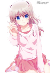 Rule 34 | 10s, 1girl, absurdres, blue eyes, casual, charlotte (anime), highres, long hair, megami magazine, official art, pinky out, satou youko, silver hair, smile, solo, tomori nao