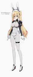 Rule 34 | 1girl, absurdres, animal ears, artist name, blonde hair, blue eyes, blush, bodysuit, breasts, closed mouth, commentary request, detached sleeves, earrings, fake animal ears, fake tail, full body, gloves, high heels, highres, jewelry, long hair, long sleeves, looking at viewer, maid headdress, medium breasts, multicolored hair, original, pointy ears, puffy sleeves, rabbit tail, red hair, shiny clothes, signature, siino, simple background, skin tight, smile, solo, standing, tail, thigh strap, turtleneck, twintails, two-tone hair, white background