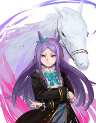 Rule 34 | 1girl, black coat, blue bow, blue bowtie, bow, bowtie, closed mouth, coat, crossed arms, ear bow, green bow, green bowtie, highres, horse, inishie kumo, long hair, long sleeves, looking at viewer, mejiro mcqueen (racehorse), mejiro mcqueen (umamusume), purple eyes, purple hair, smile, solo, umamusume