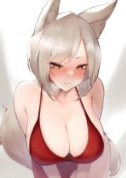Rule 34 | 1girl, absurdres, animal ears, breasts, breath, cleavage, closed mouth, commission, dress, glasses, highres, looking at viewer, original, parted bangs, pixiv commission, red dress, short hair, smile, solo, suzuya (maru), sweat, tail, white hair, yellow eyes