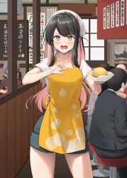 Rule 34 | 3boys, 3girls, alternate costume, apron, black hair, black skirt, blush, breasts, chair, colored inner hair, fang, food, fried rice, head scarf, highres, ichikawa feesu, indoors, kantai collection, large breasts, long hair, looking at viewer, multicolored hair, multiple boys, multiple girls, naganami (kancolle), open mouth, pink hair, plate, restaurant, shirt, short sleeves, shorts, sitting, skirt, sweatdrop, waitress, white shirt