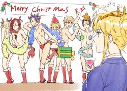 Rule 34 | 2girls, 5boys, ;d, agravain (fate), arm behind head, arms up, artoria pendragon (fate), artoria pendragon (lancer) (fate), bare pectorals, bedivere (fate), bikini briefs, black hair, blonde hair, braid, braided bun, christmas ornaments, cocktail glass, cup, drinking glass, fate/grand order, fate (series), gawain (fate), grand dobu, hair bun, lancelot (fate/grand order), male underwear, merry christmas, mordred (fate), mordred (fate/apocrypha), multiple boys, multiple girls, one eye closed, open mouth, pectorals, purple eyes, purple hair, red hair, simple background, sketch, smile, standing, standing on one leg, star (symbol), thumbs up, tinsel, tristan (fate), unamused, underwear, white background