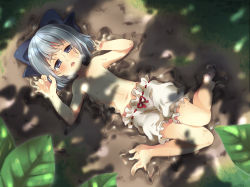Rule 34 | 1girl, bad id, bad pixiv id, bloomers, blue hair, cirno, dappled sunlight, flat chest, from above, lying, maki (natoriumu), melting, on back, ribbon, shade, short hair, solo, sunlight, topless, touhou, underwear