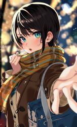 Rule 34 | 1girl, aqua eyes, bag, blurry, blurry background, blush, brown hair, coat, foreshortening, highres, hololive, looking at viewer, oozora subaru, open mouth, outstretched arm, outstretched hand, scarf, school bag, school uniform, short hair, solo, subaru duck, upper body, uuroncha, virtual youtuber