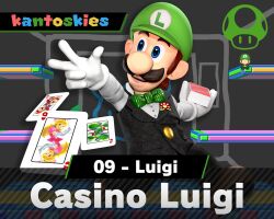 1boy 3d alternate_costume artist_name artist_request blue_eyes brown_hair card card_(medium) casino facial_hair hat luigi mario mario_(series) mustache nintendo numbered poker princess_peach smile super_mario_64_ds super_smash_bros. v vest yoshi