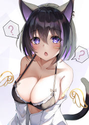 Rule 34 | 1girl, :o, ?, absurdres, bandaid, bandaid on arm, bandaid on face, bare shoulders, black bra, black hair, blush, bra, breasts, cat girl, cat tail, cleavage, collarbone, colored inner hair, commentary request, ear piercing, hair between eyes, halterneck, heart, heart-shaped pupils, highres, kurohikage, large breasts, long sleeves, looking at viewer, multicolored hair, open mouth, original, piercing, purple eyes, purple hair, shirt, solo, spoken question mark, symbol-shaped pupils, tail, tail raised, underwear, upper body, white shirt
