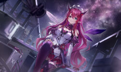 Rule 34 | 1girl, aqua eyes, blurry, blurry foreground, boots, breasts, brooch, cleavage, cleavage cutout, clothing cutout, container, detached wings, dress, drum, earrings, fake wings, foreshortening, galaxy, halo, hand on own knee, heirou, heterochromia, highres, hololive, hololive english, horns, instrument, irys (hololive), irys (irys 2.0) (hololive), jewelry, juliet sleeves, knee up, large breasts, long hair, long sleeves, looking at viewer, microphone, multicolored hair, night, night sky, pointy ears, puffy sleeves, purple eyes, purple hair, purple nails, purple thighhighs, red hair, sidelocks, sitting, sky, speaker, star (sky), thigh boots, thighhighs, two-tone hair, virtual youtuber, wavy hair, white dress, wings