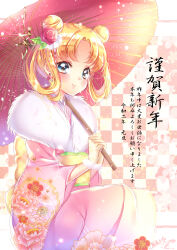 Rule 34 | 1girl, absurdres, alternate hairstyle, artist name, bishoujo senshi sailor moon, blonde hair, blue eyes, checkered background, closed mouth, dated, double bun, earrings, floral background, flower, fur cuffs, fur scarf, furisode, hair bun, hair flower, hair ornament, hair rings, hair up, happy new year, highres, holding, holding umbrella, japanese clothes, jewelry, kimono, light particles, long sleeves, medium hair, new year, obi, oil-paper umbrella, parted bangs, pink kimono, red flower, red rose, rose, sash, signature, sitting, smile, solo, touki matsuri, tsukino usagi, twintails, umbrella, wide sleeves