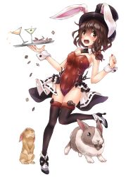 Rule 34 | 1girl, animal ears, black thighhighs, bow, brown eyes, brown hair, checkerboard cookie, cocktail, cookie, detached collar, falling, food, fuente, full body, hair bow, hair ornament, hat, high heels, highres, leotard, looking at viewer, nail polish, necktie, open mouth, overskirt, playboy bunny, rabbit, rabbit ears, short hair, simple background, thighhighs, touhou, tray, usami renko, white background, wrist cuffs