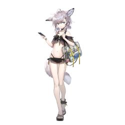 Rule 34 | 1girl, :o, ahoge, animal ears, arknights, bag, bikini, black bikini, black footwear, brown hair, cellphone, extra ears, flat chest, fox ears, fox girl, fox tail, full body, game cg, hair between eyes, holding, holding phone, looking at viewer, material growth, navel, non-web source, official alternate costume, official art, oripathy lesion (arknights), phone, sandals, sho (sho lwlw), short hair, short twintails, shoulder bag, smartphone, solo, standing, stomach, sussurro (arknights), sussurro (summer flower) (arknights), swimsuit, tachi-e, tail, transparent background, twintails