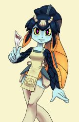 Rule 34 | 1girl, apron, blue skin, blunt bangs, colored sclera, colored skin, drawfag, fins, fish girl, hair ornament, minette (skullgirls), monster girl, non-web source, purple eyes, scales, shell, simple background, skullgirls, smile, solo, thighhighs, waitress, yellow sclera